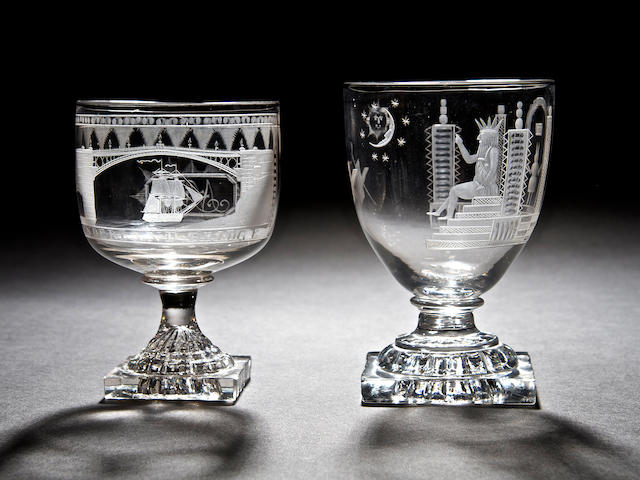 An engraved Sunderland Bridge goblet and an engraved Masonic goblet, circa 1810 and 1830