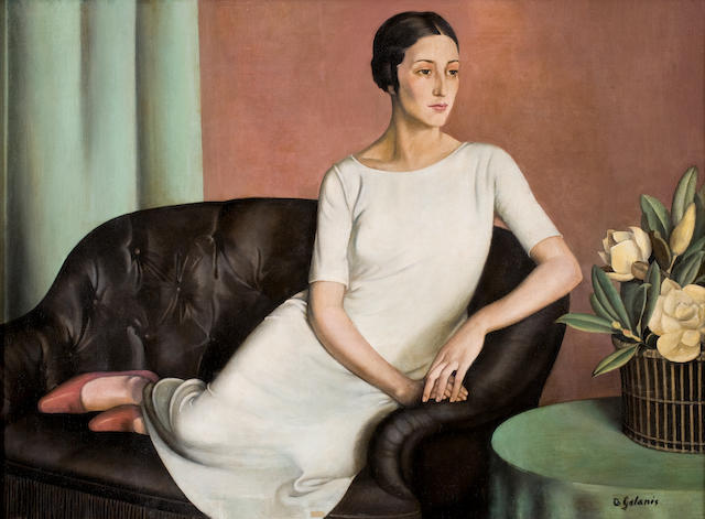 Dimitrios Galanis (Greek, 1880-1966) Lady in white 56 x 76.5 cm.