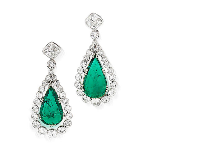 A pair of emerald and diamond pendent earrings,