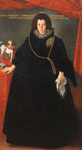 Pier Francesco Cittadini (Milan 1616-1681 Bologna) Portrait of a lady, full-length, in a black dress with a gold chain and brooch, Pier Francesco Cittadini (Milan 1616-1681 Bologna) Portrait of a lady, full-length, in a black dress with a gold chain and brooch,