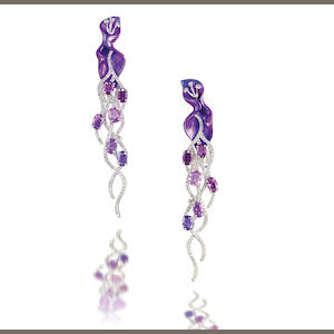 A pair of titanium, coloured sapphire and diamond pendent earrings Estimate: HK$ 23,000 - 30,000 US$ 3,000 - 3,900 £1,900 - 2,500 A pair of titanium, coloured sapphire and diamond pendant earrings