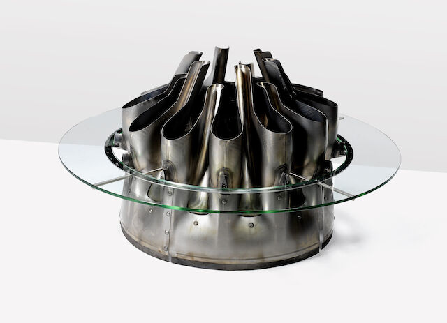 Rosario Gallina and Tiziano Rutilo for Relicta Design Mixer Tulip 737 Tabledesigned and executed in 2011salvaged aluminium aircraft turbine and glassHeight: 75cm.29 1/2 in.Diam.: 122cm.48 1/16 in.