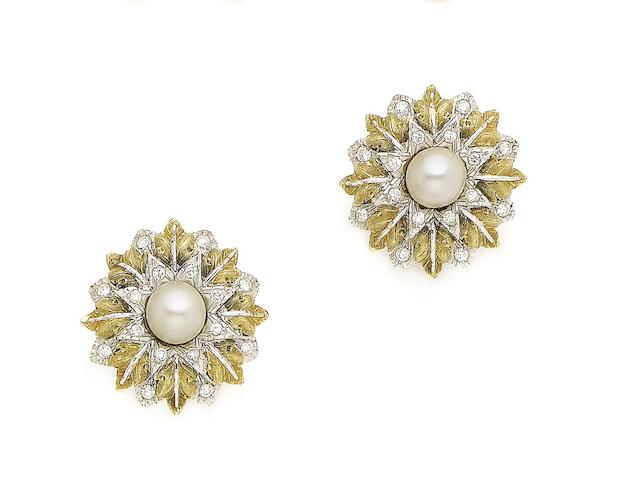 A pair of cultured pearl and diamond-set earrings, by Buccellati