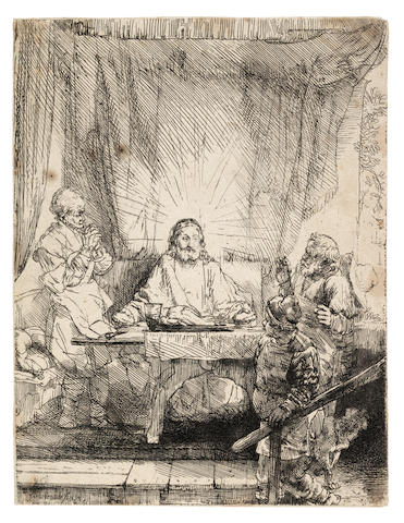 Rembrandt Harmensz van Rijn (Dutch, 1606-1669) Christ at Emmaus: The Larger Plate Etching, 1654, New Hollstein's fourth state of five, with fine hatching below the tablecloth on the right and on the wall lower right, visible on the dog's right ear, on laid, trimmed to the platemark, 211 x 160mm (8 1/4 x 6 1/4in)(PL)