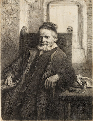 Rembrandt Harmensz van Rijn (Dutch, 1606-1669) Jean Lutma, Goldsmith Etching, engraving and drypoint, 1656, New Hollstein's third state of four, with the window and before the cross-hatching in the upper right side of the window border, the upper right area of the chair and around the hammer, on laid, trimmed along or just inside the platemark, 196 x 149mm (7 3/4 x 5 7/8in)(SH)