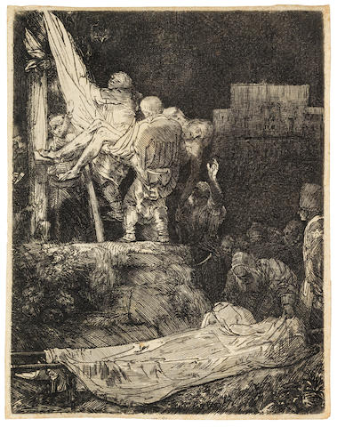 Rembrandt Harmensz van Rijn (Dutch, 1606-1669) The Descent from the Cross by Torchlight Etching and drypoint, 1654, New Hollstein's third state of four, the shadows reworked with diagonal hatching in upper right corner and to left of rectangular space of the building on the right, on laid, with narrow margins, 210 x 161mm (8 1/4 x 6 3/8in)(PL)
