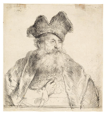 Rembrandt Harmensz van Rijn (Dutch, 1606-1669) Old man with a divided fur cap Etching and drypoint, 1640, a good impression of New Hollstein's first state of two, with the slipped stroke next to his left eye running from the cap edge to his left cheek, with burr on the cape at the right, on japan laid, with a partial Arms of Amsterdam watermark, trimmed to platemark, 150 x 139mm (5 7/8 x 5 1/2in)(PL)