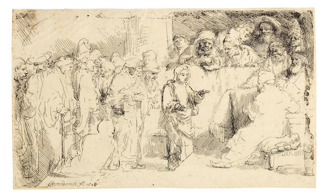 Rembrandt Harmensz van Rijn (Dutch, 1606-1669) Christ disputing with the doctors: A Sketch Etching and drypoint, 1652, a good impression of the only state, with marks appearing along the upper and right edges of the plate, on laid, with narrow margins, with a Pro Patria watermark, 126 x 214mm (5 x 8 1/2in)(PL)