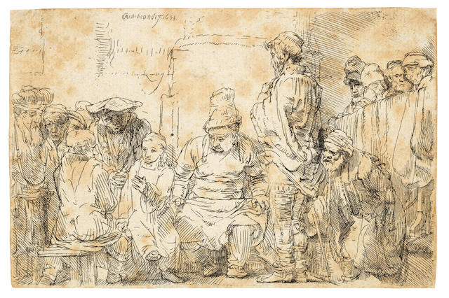 Rembrandt Harmensz van Rijn (Dutch, 1606-1669) Christ seated disputing with the doctors Etching, 1654, the only state, on laid, trimmed to or along the platemark, 95 x 146mm (3 3/4 x 5 3/4in)(SH)