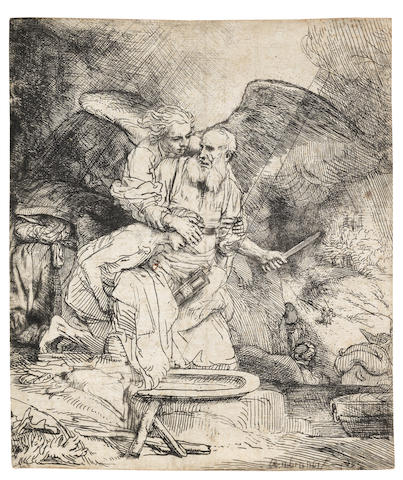 Rembrandt Harmensz van Rijn (Dutch, 1606-1669) Abraham's Sacrifice Etching, 1655, the only state, with touches of burr, on laid, trimmed just inside the platemark, 155 x 130mm (6 1/8 x 5 1/8in)(SH)