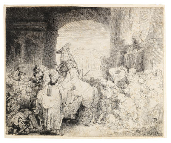 Rembrandt Harmensz van Rijn (Dutch, 1606-1669) The Triumph of Mordecai Etching and drypoint, circa 1641, New Hollstein's third state of four, with additional shading on the horse's left hind leg, on laid, trimmed to or along the platemark on three sides and just inside the upper edge, 172 x 214mm (6 3/4 x 8 1/2in)(SH)