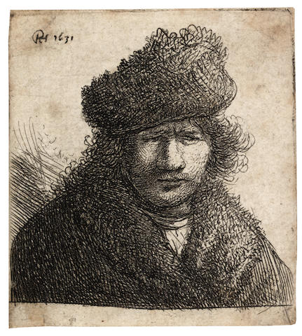 Rembrandt Harmensz van Rijn (Dutch, 1606-1669) Self Portrait in a slant fur cap: Bust Etching and engraving, circa 1631, a good impression of New Hollstein's fifth state of seven, with additional diagonal shading to the upper lip and the forehead, on laid, trimmed to or along the platemark, 62 x 56mm (2 3/8 x 2 1/4in)(PL)