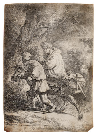 Rembrandt Harmensz van Rijn (Dutch, 1606-1669) The Flight into Egypt: Small Plate Etching, 1633, a slightly worn impression of New Hollstein's first state of four, with the sulphur tinting visible in the upper part of the plate, trimmed just inside the platemark, 90 x 63mm (3 1/2 x 2 1/2in)(SH)
