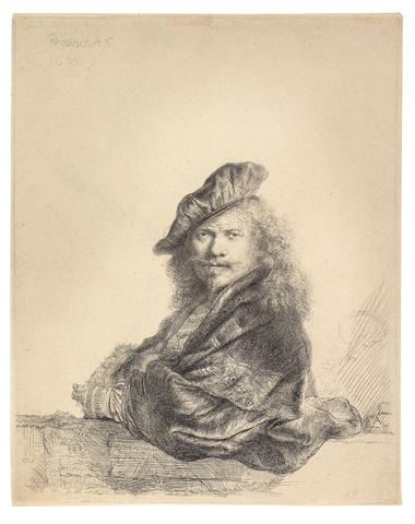 Rembrandt Harmensz van Rijn (Dutch, 1606-1669) Self Portrait Leaning on a Stone Sill Etching with touches of drypoint, 1639, a fine impression of the second final state, with the cap band extended towards the right and the right cap edge clearly defined, on laid, with narrow margins,  with a countermark possibly 'PDB', 205 x 164mm (8 1/8 x 6 1/2in)(PL)(unframed)