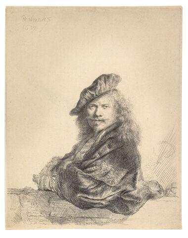Rembrandt Harmensz van Rijn (Dutch, 1606-1669) Self Portrait Leaning on a Stone Sill Etching with touches of drypoint, 1639, a fine impression of the second final state, with the cap band extended towards the right and the right cap edge clearly defined, on laid, with narrow margins, with a countermark possibly 'PDB', 205 x 164mm (8 1/8 x 6 1/2in)(PL)(unframed)
