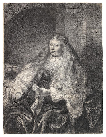 Rembrandt Harmensz van Rijn (Dutch, 1606-1669) The Great Jewish Bride Etching with drypoint, 1635, a fine impression of the final fifth state, with the horizontal lines to indicate the stonework in the right background and additional shading on the wall behind her head, on laid, with a partial watermark of a double-headed eagle, trimmed to the platemark, 220 x 168mm (8 3/4 x 6 3/4in)(PL)(unframed)