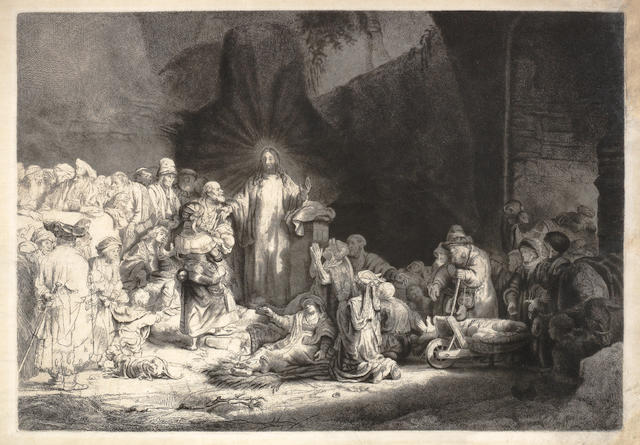 Rembrandt Harmensz van Rijn (Dutch, 1606-1669) Christ Healing the Sick: 'The Hundred Guilder Print' Etching, engraving and drypoint, circa 1648, New Hollstein's third state of four, reworked by Captain Baillie with the details of the figures and faces redrawn, a good velvety impression, printing with strong burr and contrasts, on vellum, with margins, 275 x 388mm (10 7/8 x 15 1/4in)(PL)(unframed)