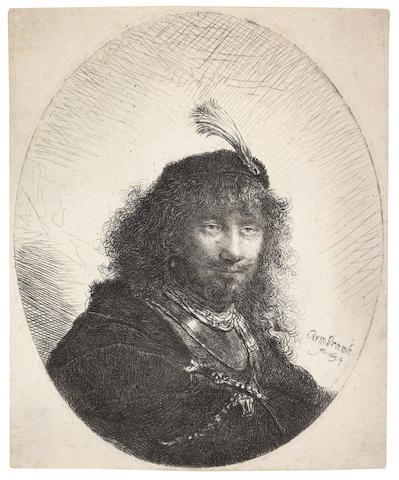 Rembrandt Harmensz van Rijn (Dutch, 1606-1669) Self Portrait with plumed cap and lowered sabre Etching and engraving, 1634, a fine impression of the final third state, after the plate has been reduced to a regular oval, on laid, with a Foolscap watermark, trimmed to the platemark, 130 x 108mm (5 1/8 x 4 1/4in)(PL)(unframed)