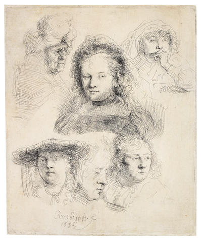 Rembrandt Harmensz van Rijn (Dutch, 1606-1669) Studies of the head of Saskia and others Etching, 1636, a fine early impression of New Hollstein's first state of two, with fine zig-zag lines on the forehead of the woman lower centre and numerous fine wiping scratches, on laid, with thread margins, 151 x 126mm (5 7/8 x 4 7/8in)(PL)(unframed)
