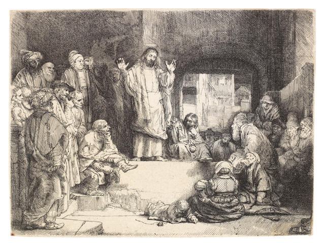 Rembrandt Harmensz van Rijn (Dutch, 1606-1669) Christ Preaching (La Petite Tombe) Etching and drypoint, circa 1657, a good 'white sleeve' impression of New Hollstein's first state of two, where the burr has worn away from the right sleeve of the man standing in the left foreground, on laid, with thread margins, possibly with an Arms of Amsterdam watermark, 155 x 207mm (6 1/8 x 8 1/8in)(PL)(unframed)
