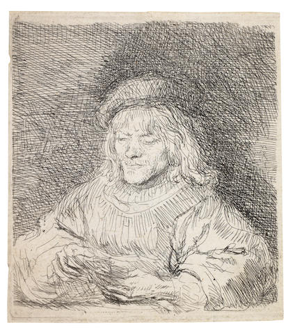 Rembrandt Harmensz van Rijn (Dutch, 1606-1669) The Card player Etching, 1641, a good impression of New Hollstein's first state of five, with an irregular strip of unworked plate along the upper margin and with an accidental scratch across his left cheekbone and in his hair to the right, on laid, with thread margins, 88 x 82mm (3 7/8 x 3 1/4in)(PL)(unframed)