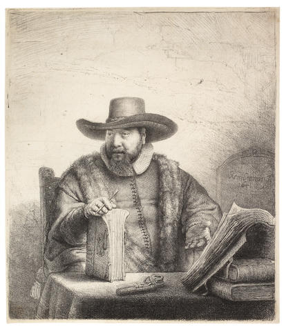 Rembrandt Harmensz van Rijn (Dutch, 1606-1669) Cornelis Claesz. Anslo, Preacher Etching and drypoint, 1641, New Hollstein's third state of five, with reworking around the right eye and the fur lining of the cloak to the right of the book, fine lines added to his left sleeve and his chest below the pen, on thick laid, with thread margins, 188 x 158mm (7 3/8 x 6 1/4in)(PL)(unframed)