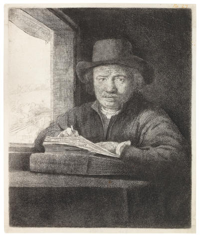 Rembrandt Harmensz van Rijn (Dutch, 1606-1669) Self portrait, etching at a window Etching and drypoint, 1648, a very good impression of New Hollstein's seventh state of nine, with the right cheek redefined, the shadows reworked partly with a mezzotint rocker and additional lines in the upper left corner and on his right hand, on laid, with narrow margins, 160 x 130mm (6 1/4 x 5 1/8in)(PL)(unframed)