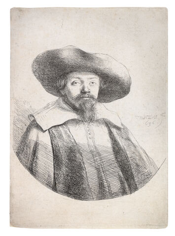 Rembrandt Harmensz van Rijn (Dutch, 1606-1669) Menasseh Ben Israel Etching, 1636, a good impression of New Hollstein's second state of five, with the indent in the left cheek straightened and shading added in several areas including the right earlobe, the outermost fold of his cloak on the left and inside the hat just to the right of his left cheek, on laid, with narrow margins, 149 x 103mm (5 7/8 x 4 1/8in)(PL)(unframed)