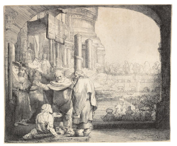 Rembrandt Harmensz van Rijn (Dutch, 1606-1669) Peter and John healing the Cripple at the Gate of the Temple Etching, engraving and drypoint, 1659, a fine impression of New Hollstein's second state of six, with the right side of Peter's body straightened, his cloak deeply curved across his chest and shading next to his left hand and in the lower right corner, printing with burr and vertical wiping scratches in the sky, on laid with thread margins, with a Foolscap with seven-pointed collar watermark, 180 x 215mm (7 1/8 x 8 1/2in)(PL)(unframed)