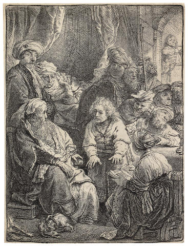 Rembrandt Harmensz van Rijn (Dutch, 1606-1669) Joseph Telling his Dreams Etching, 1638, New Hollstein's third state of six, with the area in front of the seated girl's face burnished white and shading added in numerous places such as the upper part of the doorway and the face and turban of the central standing figure, on laid, trimmed to the platemark or with thread margins, 110 x 83mm (4 3/8 x 3 1/4in)(PL)(unframed)