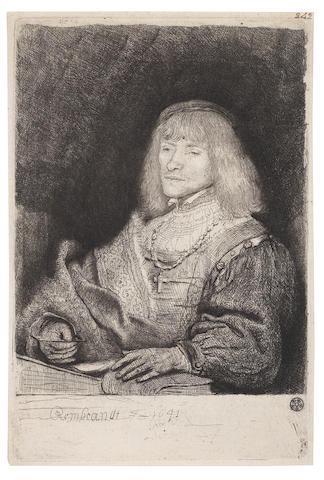 Rembrandt Harmensz van Rijn (Dutch, 1606-1669) A Man at a Desk wearing a Cross and Chain Etching, 1641, a fine impression of New Hollstein's fourth state of five, with the contours of the book which protruded over the image edge burnished away, details in the hair and face strengthened in drypoint and new shading in the background, with burr on the left sleeve, on thick laid, with narrow margins, 154 x 102mm (6 1/8 x 4in)(PL)(unframed)