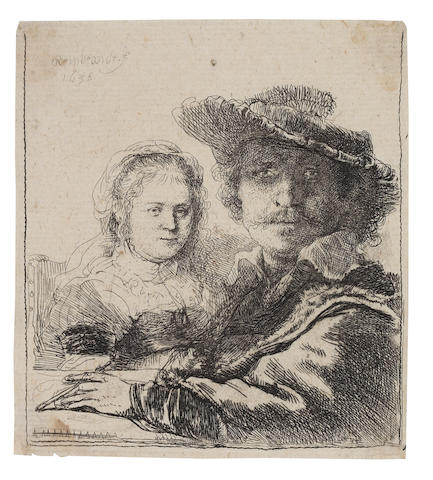 Rembrandt Harmensz van Rijn (Dutch, 1606-1669) Self Portrait with Saskia Etching, 1636, New Hollstein's third state of four, with a small area of false biting next to his collar on the right, on laid with narrow margins, with a DG countermark, 104 x 95mm (4 1/8 x 3 3/4in)(PL)