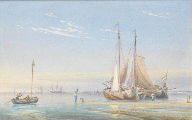 William Joy (British, 1803-1867) Shipping moored on an estuary