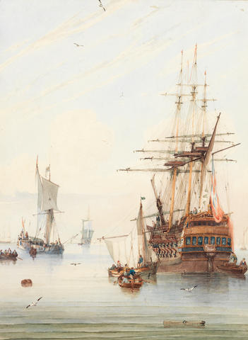 Samuel Owen (British, 1768-1857) Moored ships in a calm