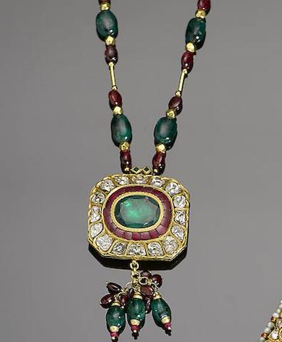 Bonhams : An Indian emerald, ruby, diamond-set and enamelled gold Pendant