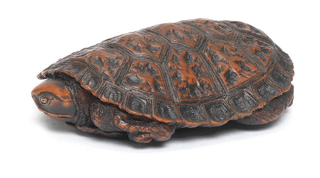 Bonhams : A wood netsuke of a turtle By Basui, 19th century