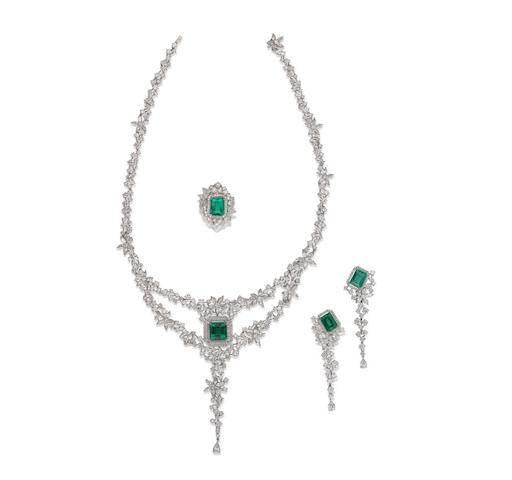 Bonhams : An emerald and diamond necklace, earring and ring suite (3)