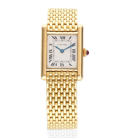 Bonhams : Cartier. A lady's 18K gold manual wind rectangular bracelet ...