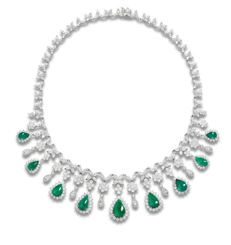 Bonhams : An emerald and diamond necklace
