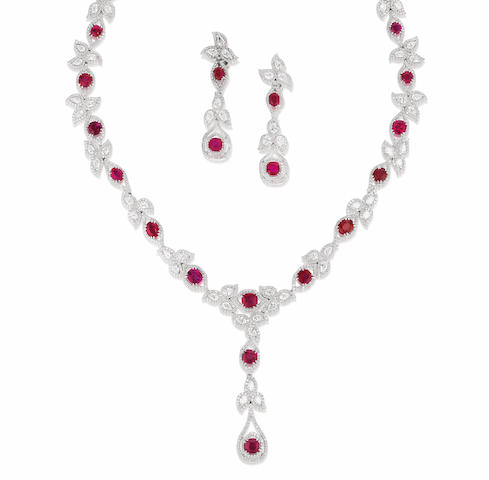 Bonhams : A ruby and diamond necklace and earring suite (2)