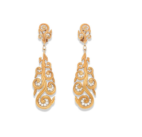 Bonhams : A pair of diamond-set pendent earrings, by Cartier