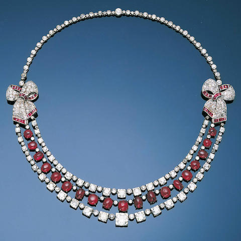 Bonhams : An art deco ruby and diamond festoon necklace