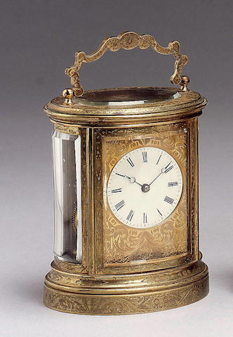 Bonhams : A 19th century French engraved brass oval carriage clock ...