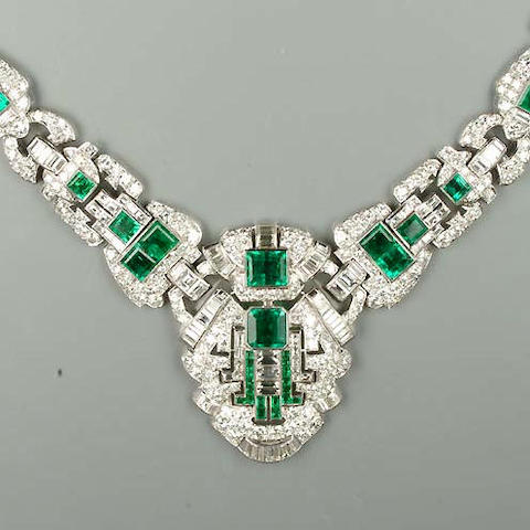 Bonhams : A fine art deco emerald and diamond necklace