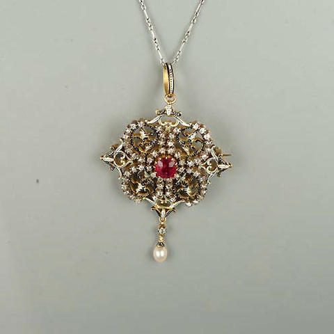 Bonhams : A late 19th century ruby, diamond and enamel pendant by Carlo ...