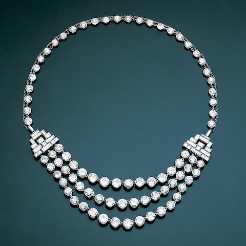 Bonhams : An art deco diamond three-row festoon necklace