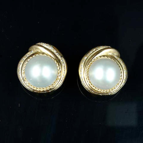 Bonhams : A pair of cultured pearl and diamond earclips by Tiffany and Co.