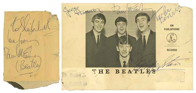Bonhams : An autographed Parlophone promo card of the Beatles, 1963,
