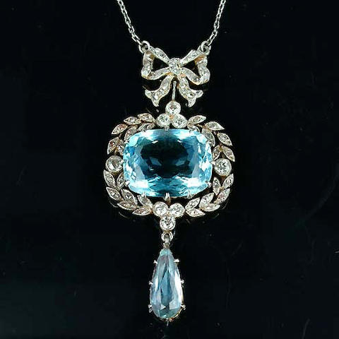 Bonhams : An Edwardian aquamarine and diamond pendant