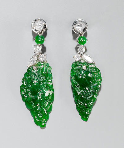 Bonhams : A pair of jadeite and diamond drop-pendant earrings